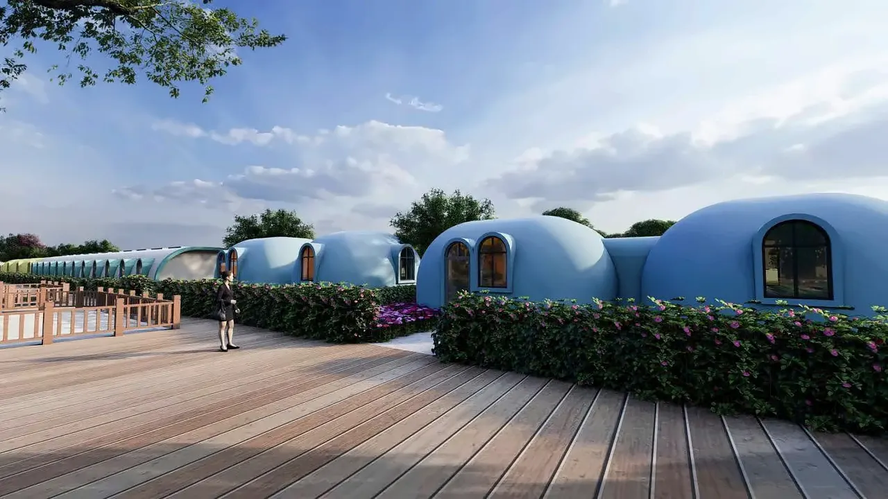 Linked EPS dome cluster along a shared boardwalk with planting buffers — concept rendering