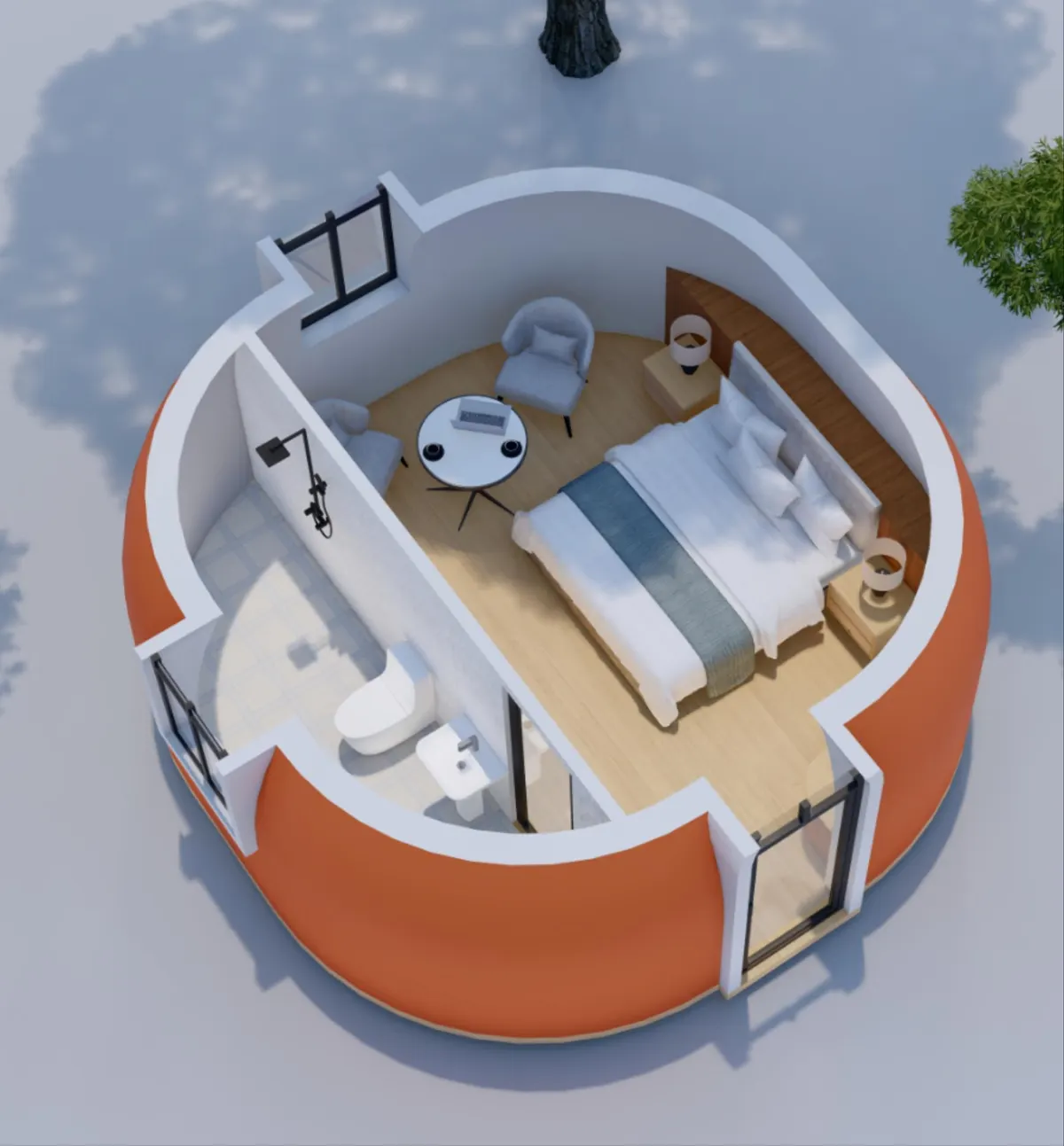 Cutaway rendering of a king-suite Dome Series layout with bed, lounge corner, and bathroom behind a partition