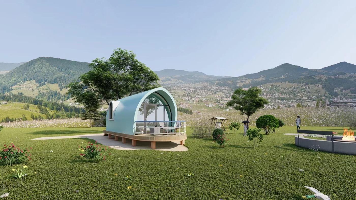 EPS modular dome cabin in a mountain resort landscape